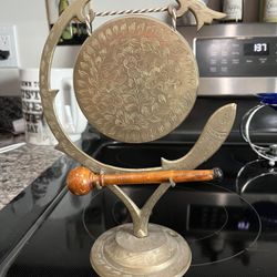 Vintage Brass Metal Handmade Decorative Etched Gong Wooden Mallet - India