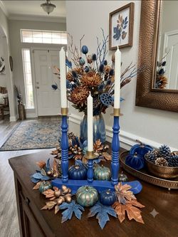 Colbalt Royal Blue 3-Arm Wood Candelabra Taper Candle Holder Gold Metal Cups