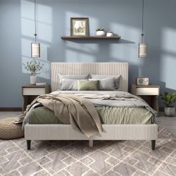 Modern Bed Frame Queen Size with Upholstered Headboard and Corduroy Fabric Cover for Bedroom,