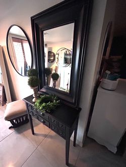 Dark Wood Console Table with Large Mirror