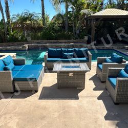 NEW🔥Outdoor Patio Furniture HDPE WICKER Grey with Peacock Blue 4" cushions and Firepit ASSEMBLED