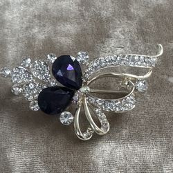 NEW! Stunning Butterfly Brooch, Purple & Clear Rhinestones, Gold Tone, 3” X 1.5”