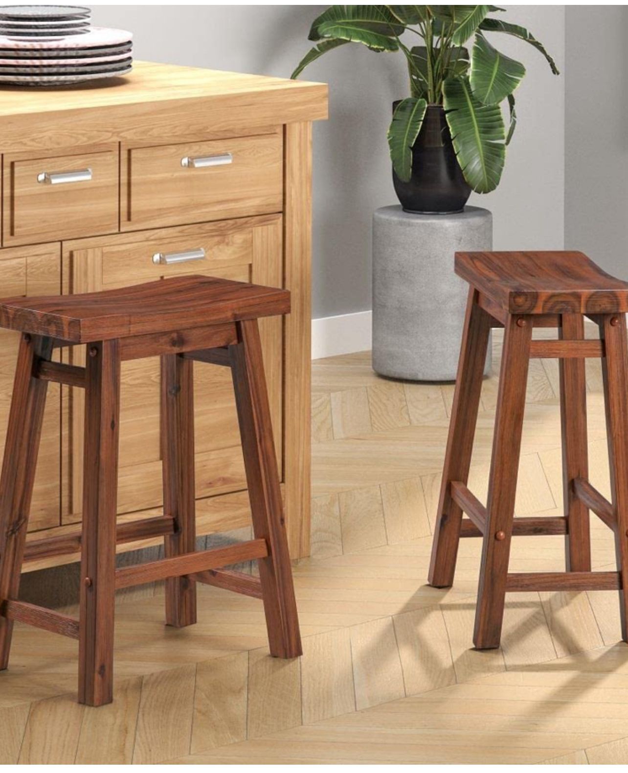 Backless Saddle Kitchen Counter Stool - Chestnut Wire-Brush - Set of 2