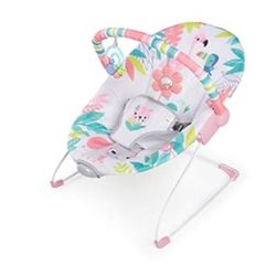 Bright Starts Flamingo Vibes 3-Point Harness Harness Vibrating Baby Bouncer with -Toy bar 