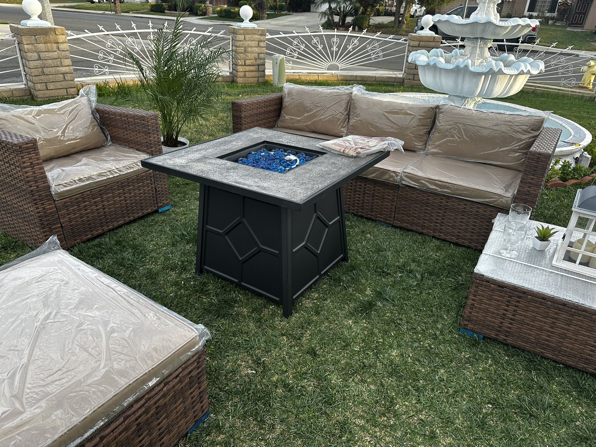 brand new patio set with fire pit propane