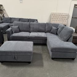 106” Plush Sectional Sofa With USB Charger, Cordoroy Couch, Grey Sofa, Grey Sectional, Grey Couch, Light Grey Sofa Couch And Storage Ottoman, Couch, G
