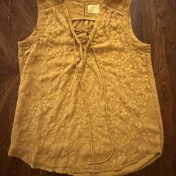 Maeve Anthropologie Mustard Yellow Embroidered Lace Up Tank Top Size L