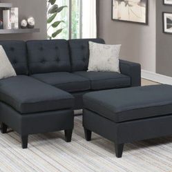Brand New Black Reversible Sectional Sofa With Ottoman 
