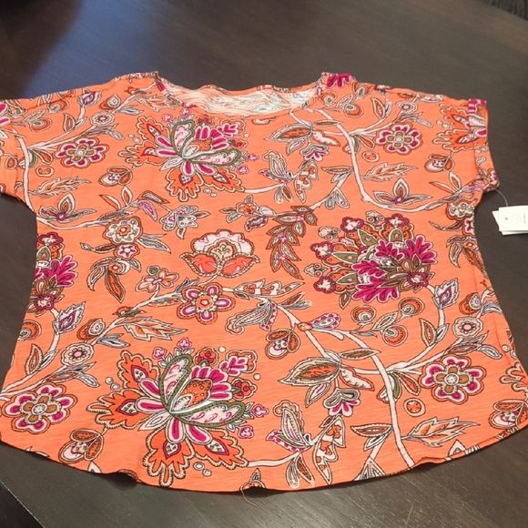 Cleo Floral Orange Paisley Short Sleeve Top - Size Small NWT