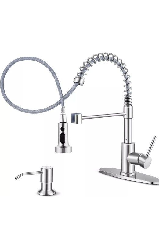 🔥New Kitchen Faucet Brushed Nickel with Pull Down Sprayer & Soap Dispenser, Stainless ( reseda ca)