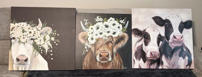 Set of 3 cows canvas art