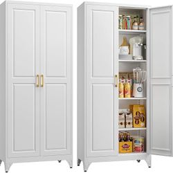 Kitchen Pantry Storage Cabinets, 75" Tall Metal Storage Cabinet with Doors and 4 Shelves, White Pantry Cabinet, Utility Kitchen Cupboard, Large Steel 