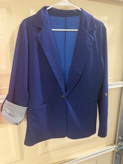 Blue Single-Button Blazer with Striped Cuffs