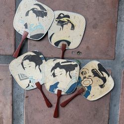 Set Of 5 Vintage Japanese uchiwa (flat, non-folding) hand fans