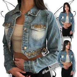 Vintage Y2K Cropped Denim Jacket with Beaded Embellishments (Blue/Multicolor) 