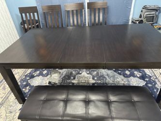 Dark Wood Dining Table with Chairs and Bench