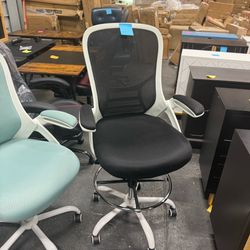 Drafting Chair, Tall Office Chair Mesh Standing Desk Stool with Adjustable Foot Ring, Flip-Up Arms, White & Black