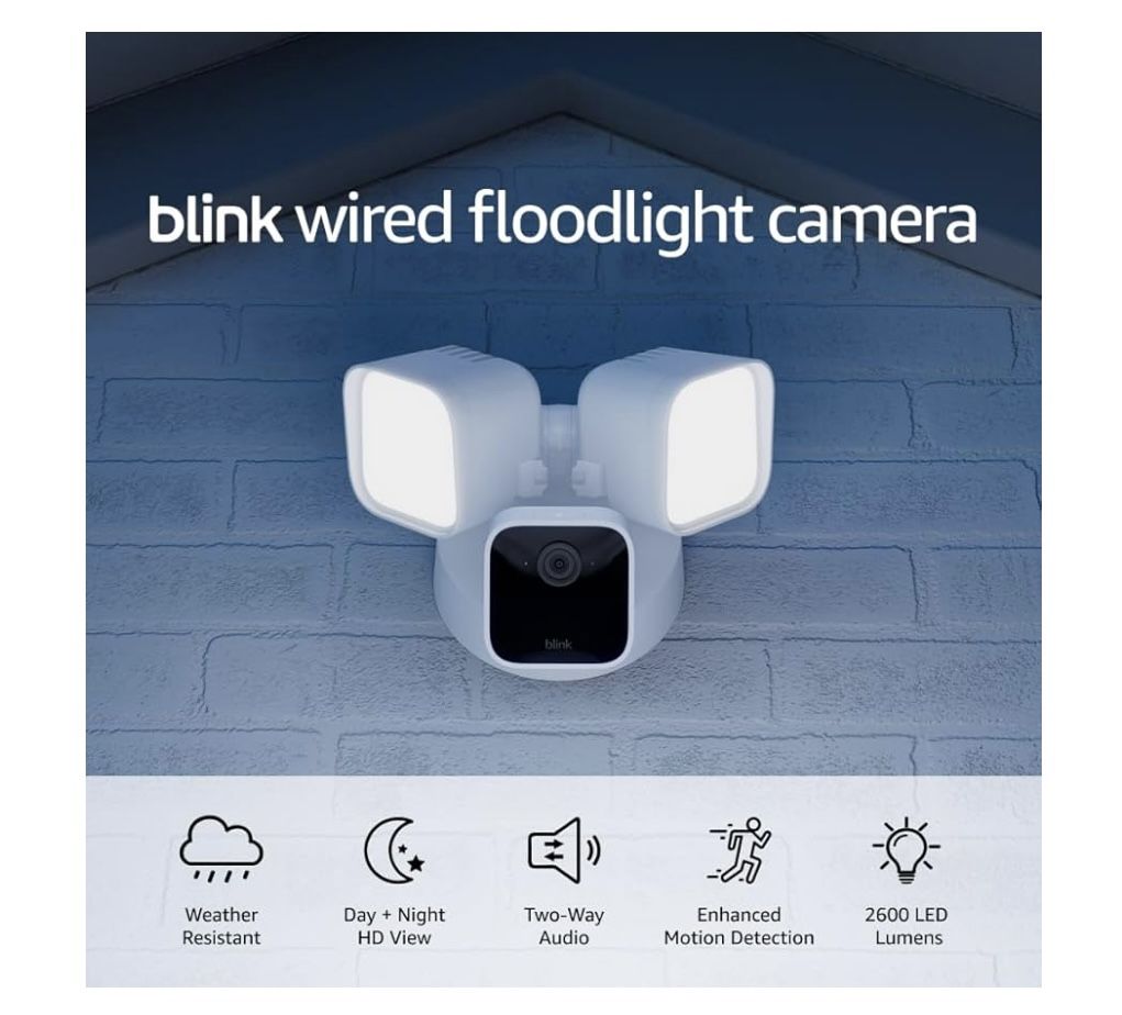 Blink Wired Floodlight Camera - Smart security camera, 2600 lumens, HD live view, enhanced motion detection, built-in siren, Works with Alexa