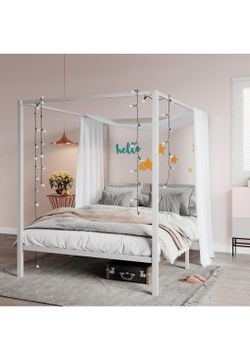 Queen Size White Canopy Bed Frame - Modern Metal Platform Bed