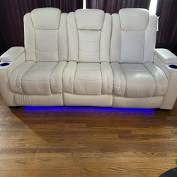 White Leather Dual Power Reclining Sofa