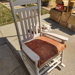 Large White Wooden Rocking Chair W/ Cushion