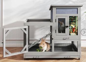 2-Story Rabbit Cage, Bunny Hutch with Weels, Indoor Outdoor, Gray 39.3" L