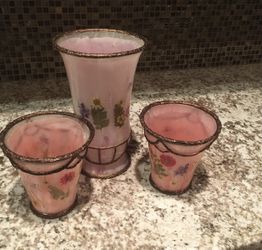 3 Plastic Vases Pink Antique Gold Trim  Table Shelf