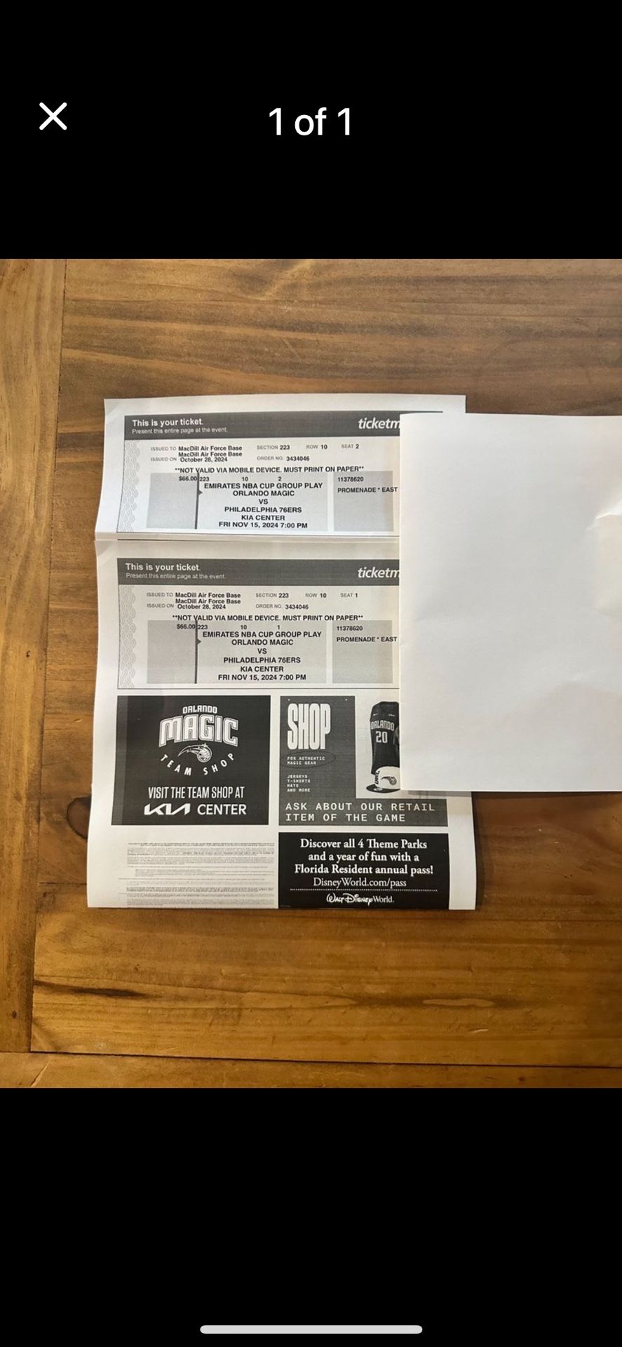 Philadelphia 76ers @ Orlando Magic - 2 Tickets - 15 Nov