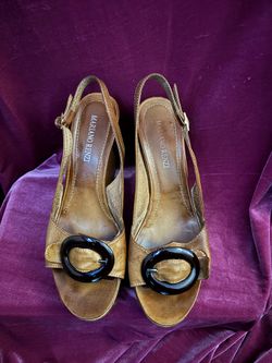 Mariano Renzi Italy Brown Leather Buckle Peep Toe Cork Wood Wedge Slingbacks