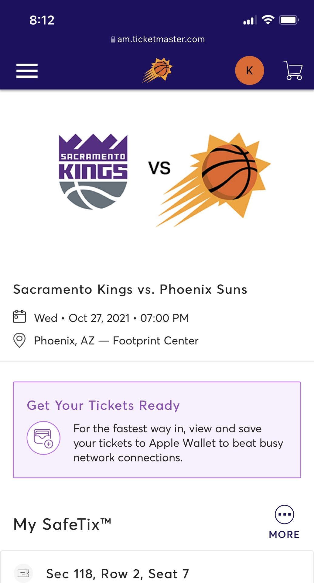 Phoenix Suns Vs  Sacramento Kings Ticket