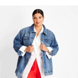 Women's Plus Size Asymmetrical Jean Jacket - Future Collective with Kahlana Barfield Brown Blue Denim 2xl