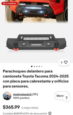 Parachoques delantero para camioneta Toyota Tacoma 2024-2025 con placa para cabrestante y orificios para sensores.