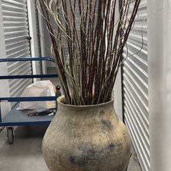 Antique Unglazed Terracotta Olive Jar On A Wrought Iron Stand