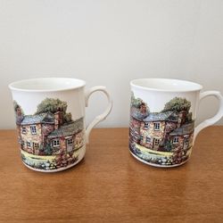 Crown Trent Fine Bone China Mugs (2) With English Scene