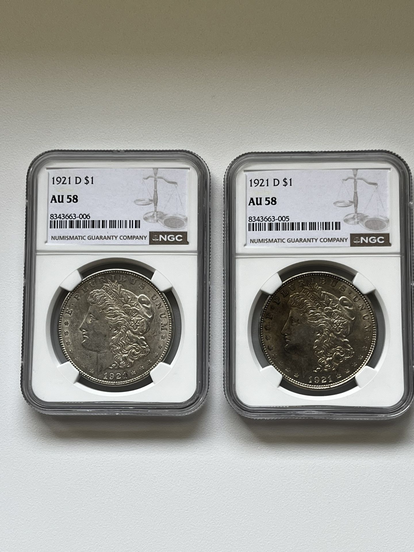 2) 1921-D Morgan Silver Dollars. NGC Graded. Final Year Of Issue 