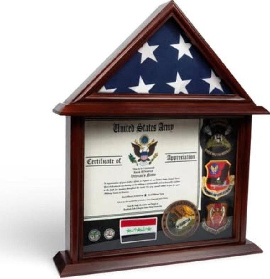 Flag and Memorabilia display case, Fits 3'x5' Flag 17"Wx20"H,Mango NEW
