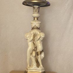 VINTAGE CHERUB STATUE GOLD ACCENTS, BRASS TOP AND CRYSTAL ASHTRAY