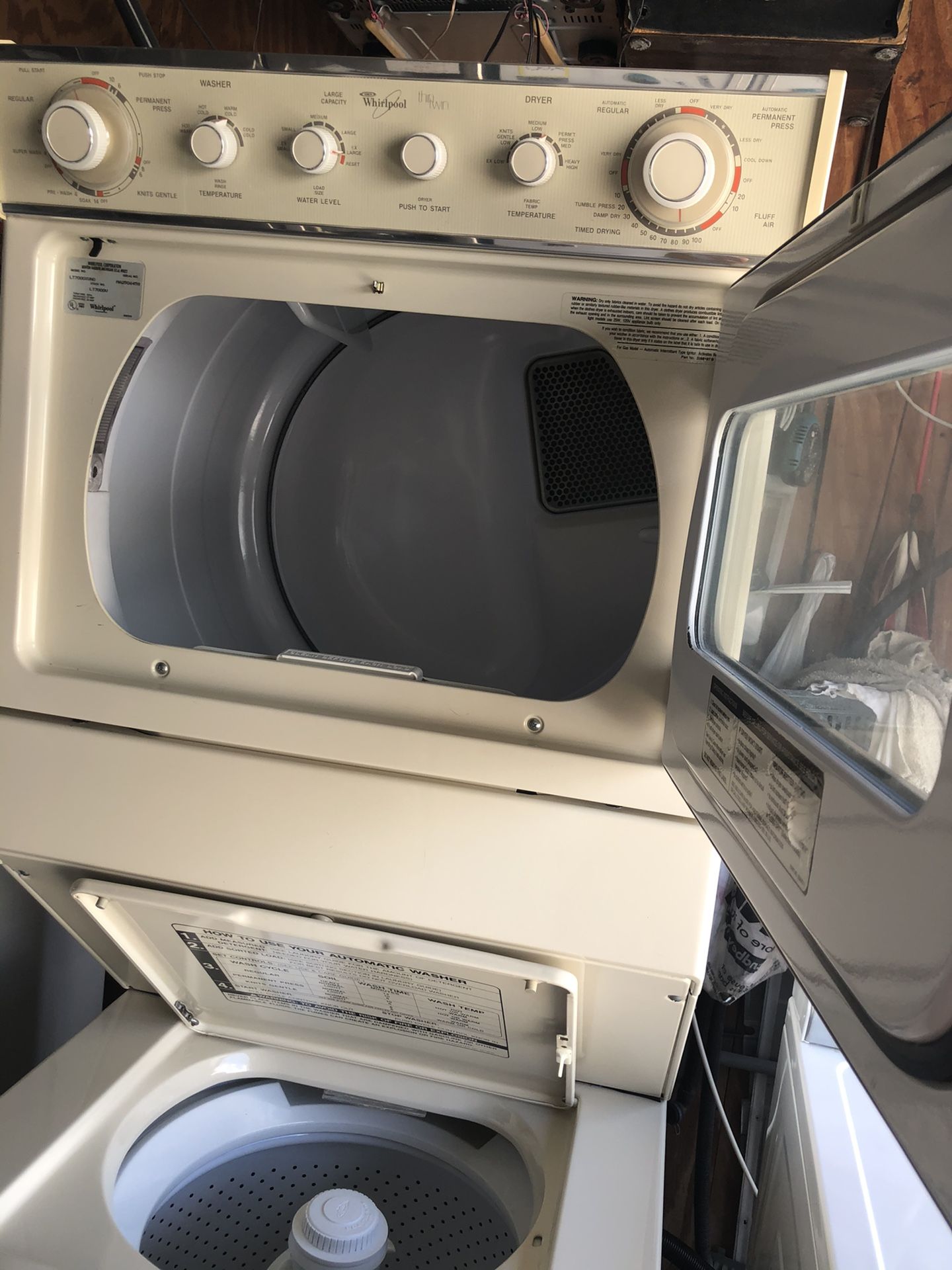 Whirlpool stackable washer and dryer 27” wide in perfect condition and 6 months warranty. We have delivery service available