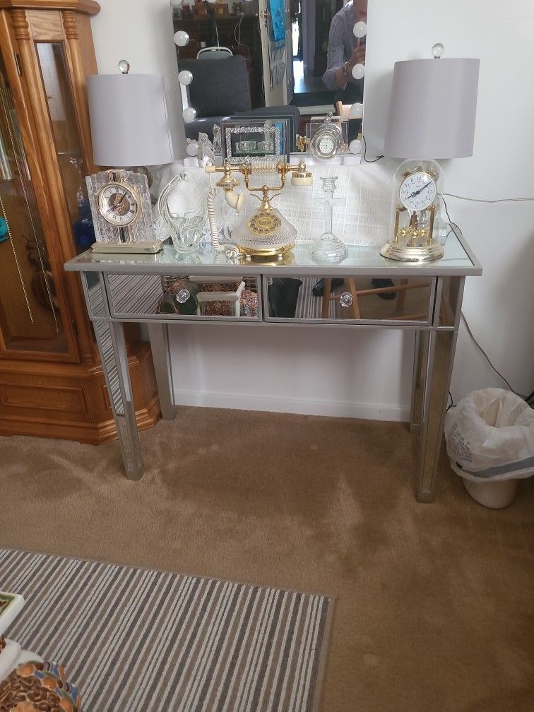 GLASS MIRROR MAKE UP DESK WITH DECORATIONS 250 DLLS. BEATIFUL