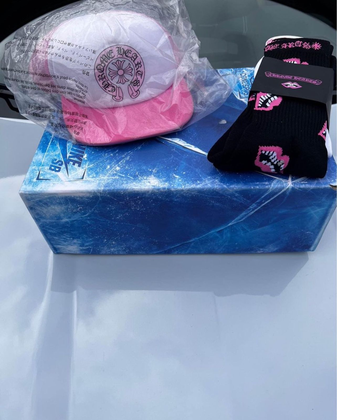 Pink Crime Heart Hat And Chrome Socks 