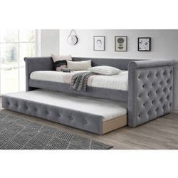 Light Grey Velvet Twin Day Bed With Trundle Button Tufted Firm Price $299 Brand New In Box Mattresses NOT Included 
