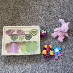 Kids toys age 5-10 tea set heart shape Pottery barn dusty pink lime green plushie furby toy plane pretend colorful toys lot