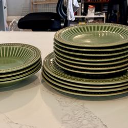 Bombay BMA19 Sage Green Stoneware Dinnerware Set - Textured Dot/Embossed Rim-19 Pieces