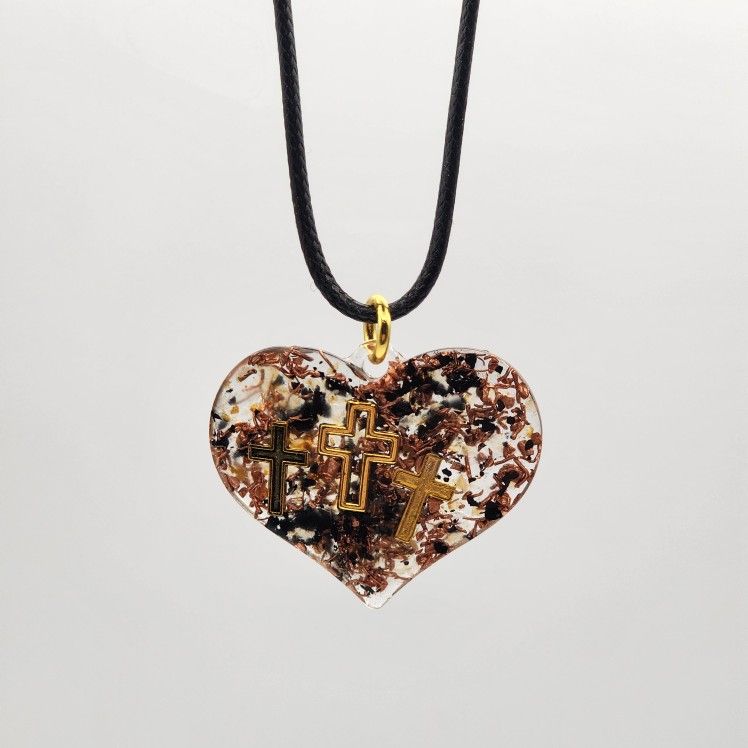 Sanctura Heart 3 Gold finish crucifix Orgonite Pendant, Provides EMF Protection, and Balance.