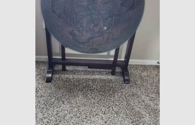 Vintage Asian Carved Relief Tilt-Top Accent Table w/ Glass – 24"