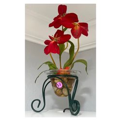 Decor Fake Artificial Orchid Amaryllis Flowers with Glass Bowl Vase. Good used condition. See all pictures.