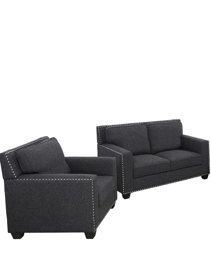 Sofa Set with Nailhead Trim Linen Fabric Upholstered  Loveseat and AirmChair Fruniutre Set (Black Grey)