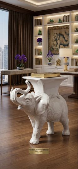 Vintage Italian Handmade Ceramic White Elephant Accent / Side Table