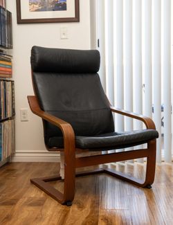 IKEA POANG Chair - Black Leather & Brown Wood