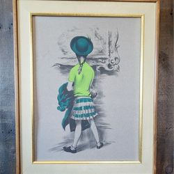 VINTAGE MUSEUM VISITOR BY LAWRENCE BEALL SMITH HAND COLORED LITHOGRAPH PRINT 